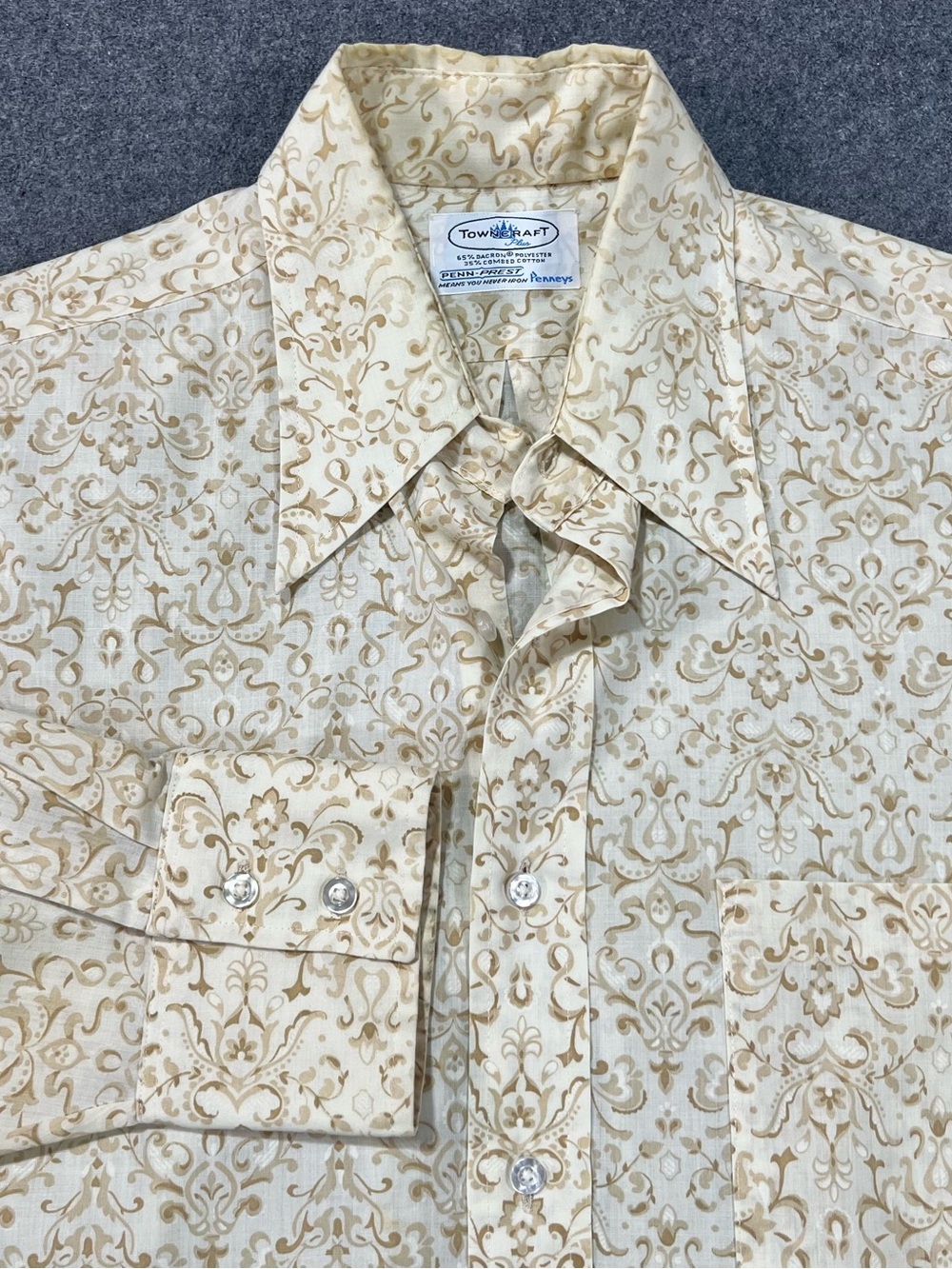 VTG 70s Towncraft Baroque Floral Damask Print Long Sleeve Dress Shirt Size XL